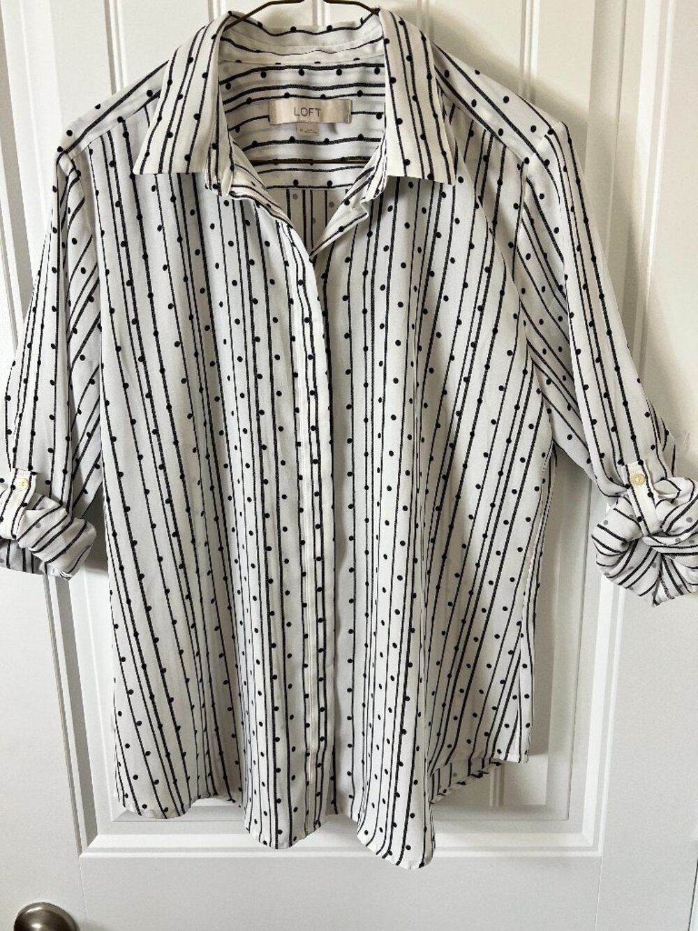 LOFT Office Siren Polka Dot Striped Button‎ Down Blouse Roll Tab Work Top M